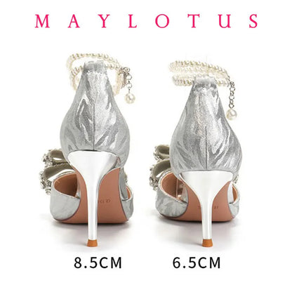 2025 Summer Fashion Pointed Toe Sandals Women's Rhinestone Pearl Butterfly Gold Silver High Heels Party Wedding Plus Size Shoes