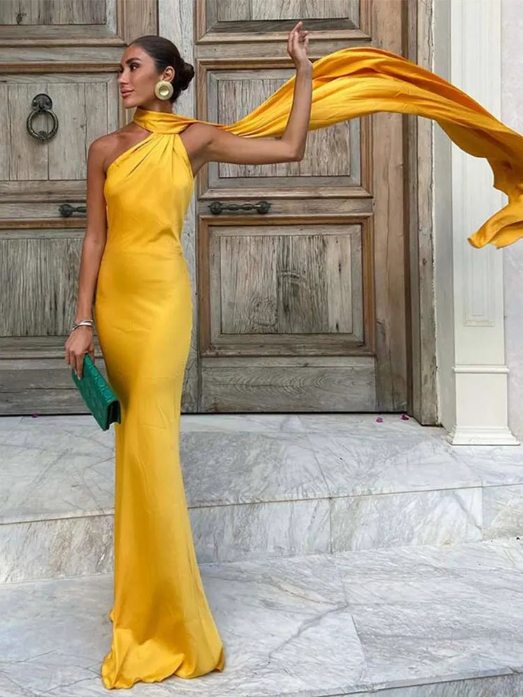 Elegant Ribbon Halter Dress Women Solid Off Shoulder Sleeveless Backless Slim Maxi Dresses 2025 Summer Autumn Party Robes Lady