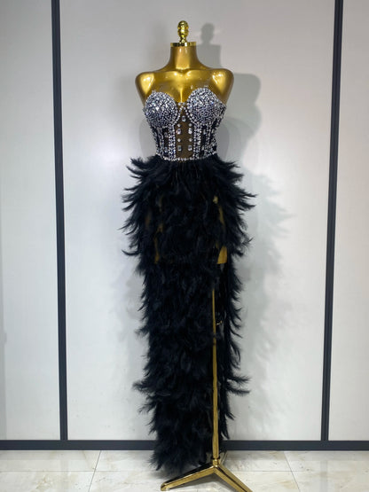 Women Sexy Sparkly Rhinestone Feather Mesh Long Dress Elegant Evening Party Celebrate Luxury Birthday Singer Stage Costume