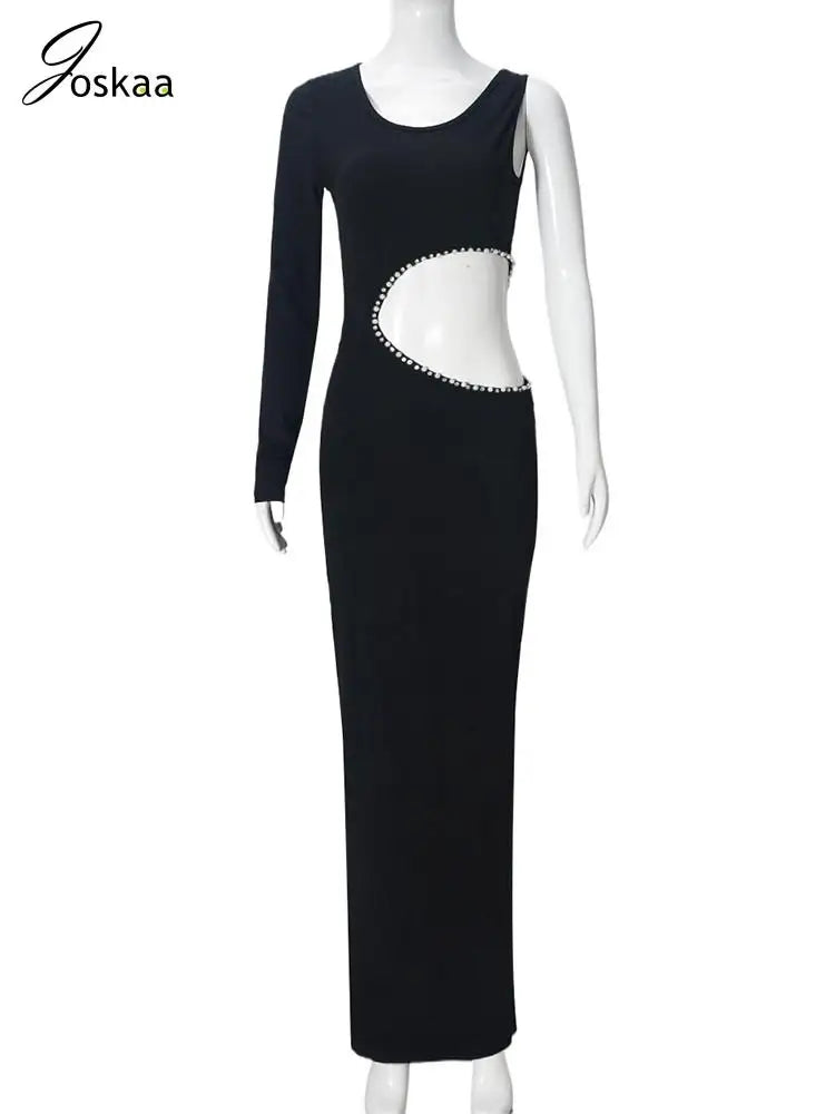 Joskaa Elegant Rhinestone Hollow Maxi Birthday Dress Woman Sexy O-Neck Single Sleeve Skinny Vestidos 2025 Evening Party Clubwear