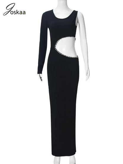 Joskaa Elegant Rhinestone Hollow Maxi Birthday Dress Woman Sexy O-Neck Single Sleeve Skinny Vestidos 2025 Evening Party Clubwear