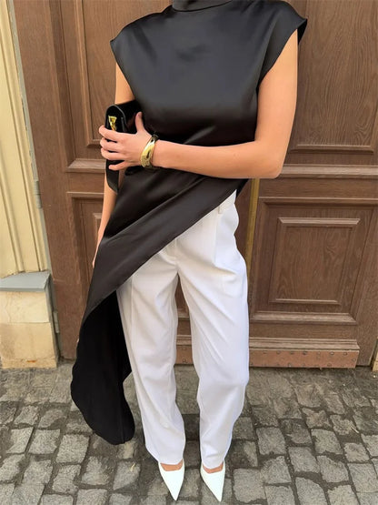 Tossy Casual Sleeveless Satin Maxi Dress Female Turtleneck Patchwork Slim Fashion Solid Commute Dress For Women Long Dress 2025