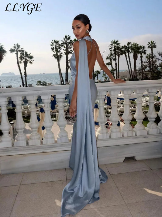 Elegant Women's Ribbon Long Satin Party Dress Halter Backless Sleeveless Female Dresses 2025 Summer Lady Solid Evening Gowns