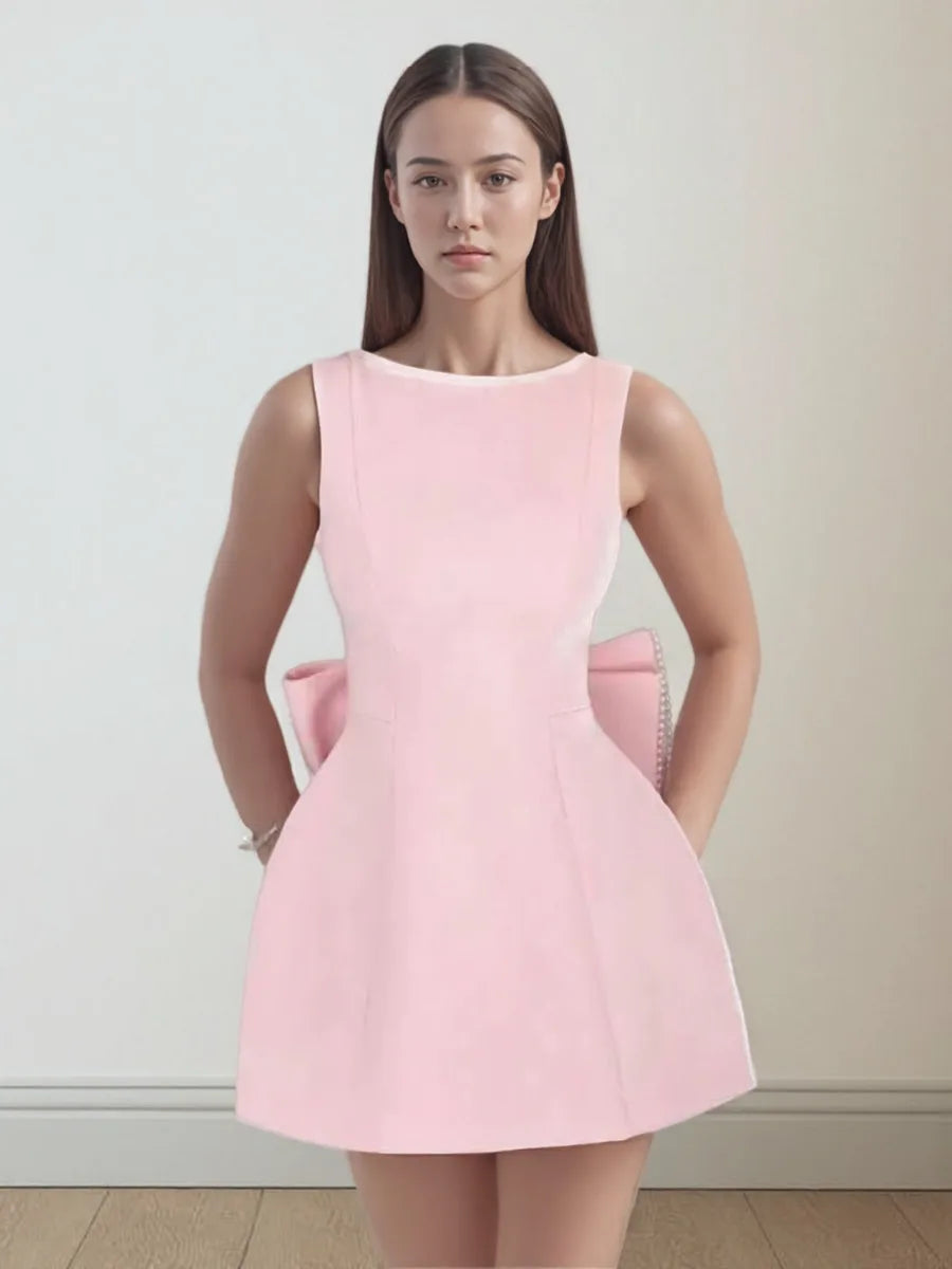 Elegant Pearl Bow Backless Sexy Mini Dress Women's Luxury Party Short Dresses White Black Pink Birthday Evening Wedding P4ZQ