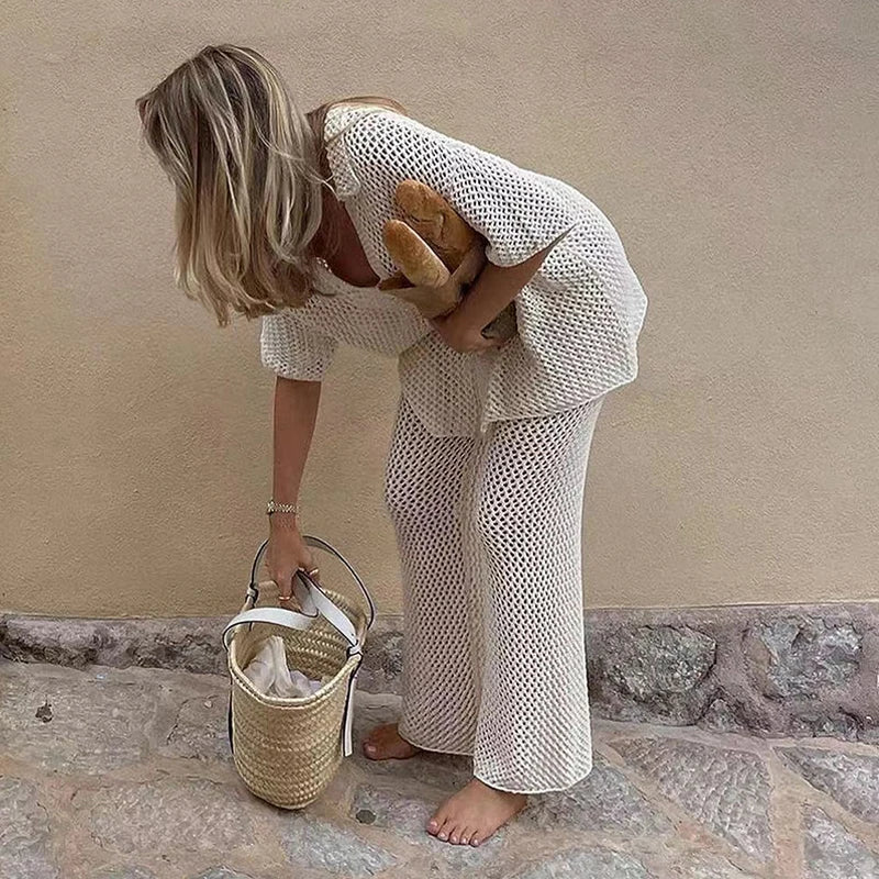 New Style Loose Short Sleeve Top Knitted Hollow Out Pants Beachwear Cover Up Set Women's Beach Vacation Casual Sun Bathing Smock