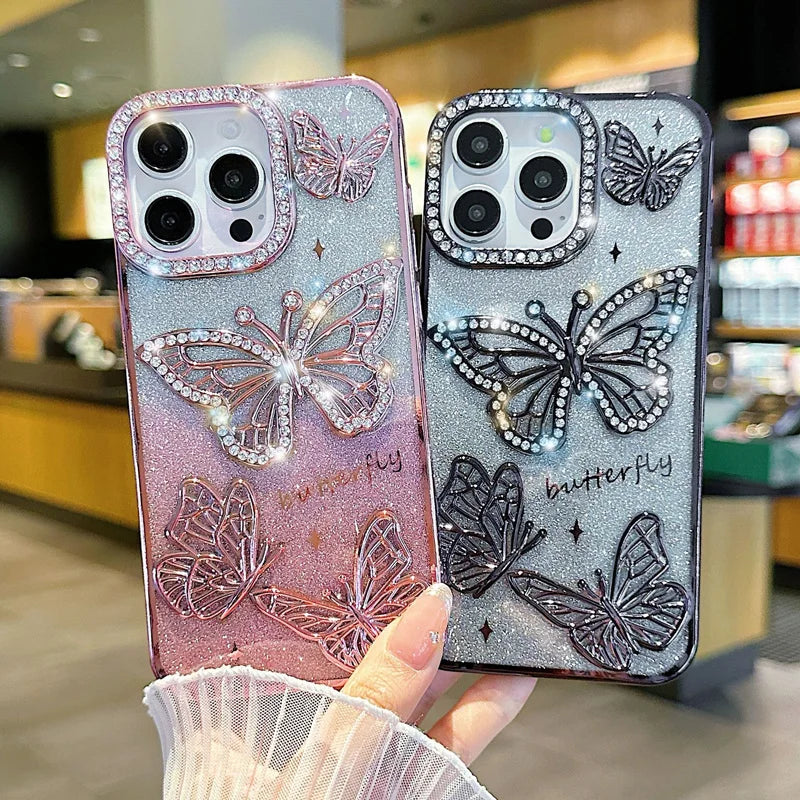 Butterfly Glitter Phone Cases For IPhone 17 16 Pro Max 15 14 13 12 11 Rhinestone Back Cover