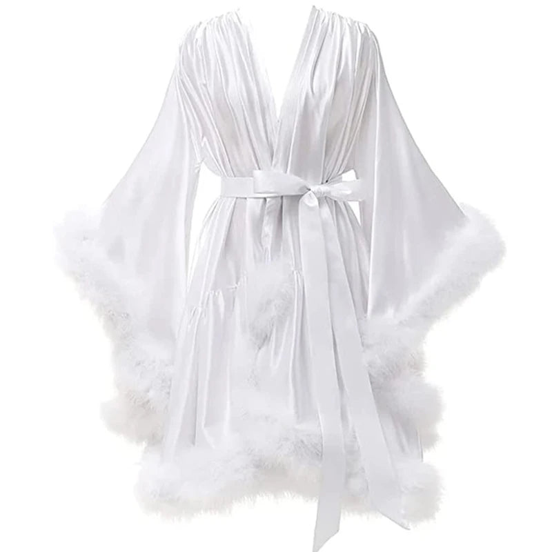 Ostrich Feathers Good Quality in Stock Women Lingerie Fur Robe Luxury Silk Prom Dress Party Gowns Sexy Evening Elegant Dress
