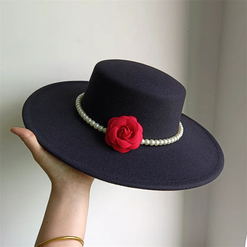 French Black Big Brim Top Hat Women Elegant Retro Style Flat-top Fedora Hat British Pearl Floral Wide Brim Hat Photography