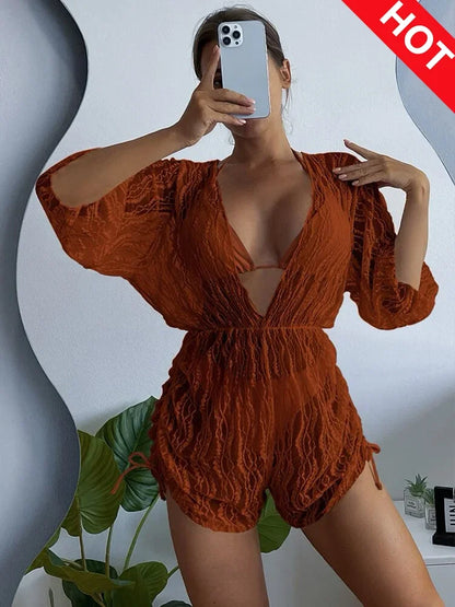 2024 3PCS Lace Hollow Out Bikini For Women Sexy Swimwear Female Pleated Cover Up Swimsuit Beach Wear New Brazilian Bathing Suit