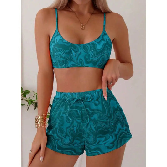 Cikini Women's Vacation Marble Print Casual Bikini Set, Three-Piece Bikini Set With Cover-Up Shorts, Random Print Summer Beach