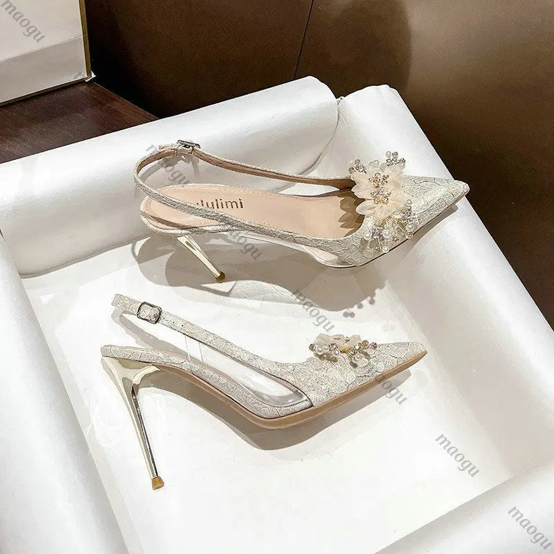 French Bride Gold Wedding Shoes for women Thin Heel Pointed Shallow Mouth Flower Rhinodrill High Heels Bao Head Fashion Sandals