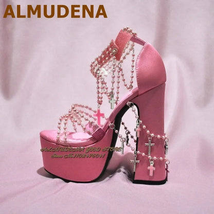 ALMUDENA Black Satin Fabric Strange Block heel Sandals Pink Velvet Pearl Chain Platform Chunky Heels Wedding Pumps Jewelry
