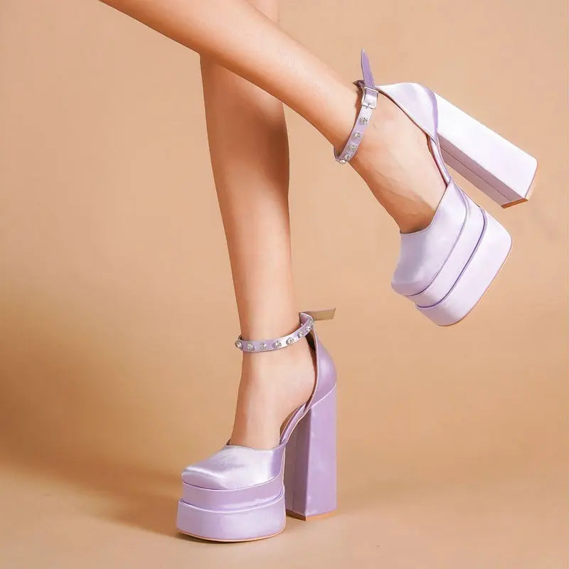 2025 New High Heels Candy Color Single Shoes Fashion Rhinestone Platform One Line With Thick Soled Women's Party Pumps