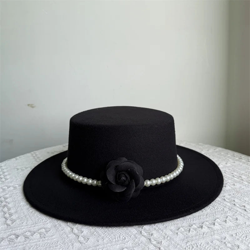 French Black Big Brim Top Hat Women Elegant Retro Style Flat-top Fedora Hat British Pearl Floral Wide Brim Hat Photography