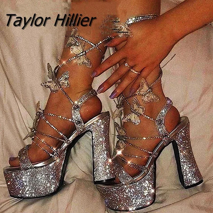 Platform Crystal Chunky Heels Sandals With Bow Cross-Strap Bling Elegant Glitter Silver Sandals Women Summer Butterfly Shoes