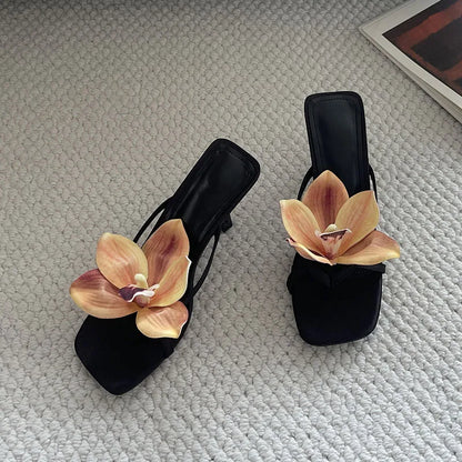 2025 New Fashion Flower Women Thin Heels Pumps Slides Shoes Female Flip flops Square Toe Ladies Heeled Sandals Shoes Big Size 43