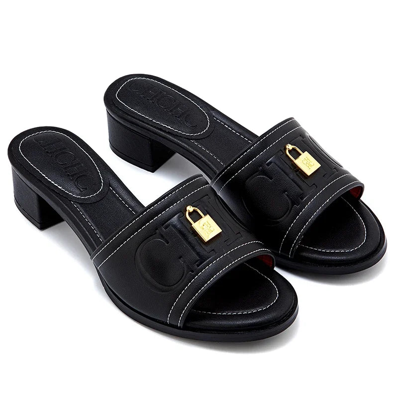 CH Fashion Monogram Print Elegant Design Women's Low Heeled Slippers Solid Color High Quality Metal Lock Simple Single Shoes.