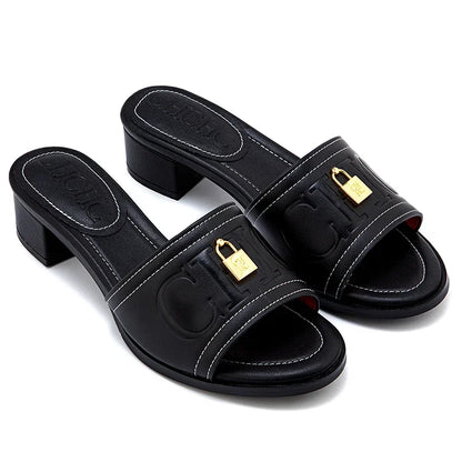 CH Fashion Monogram Print Elegant Design Women's Low Heeled Slippers Solid Color High Quality Metal Lock Simple Single Shoes.