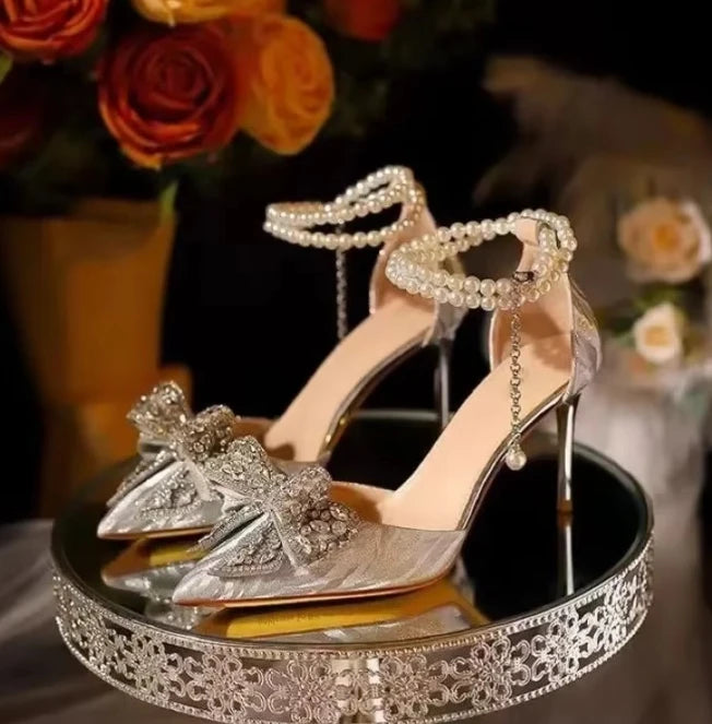 Summer Fashion Pointed Toe Sandals Women's Rhinestone Pearl Butterfly Gold Silver High Heels Party Wedding Plus Size Shoes