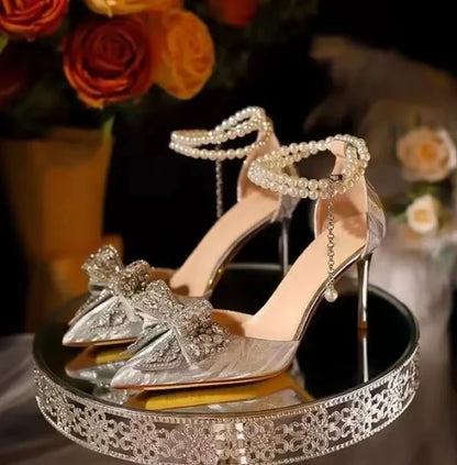 Summer Fashion Pointed Toe Sandals Women's Rhinestone Pearl Butterfly Gold Silver High Heels Party Wedding Plus Size Shoes