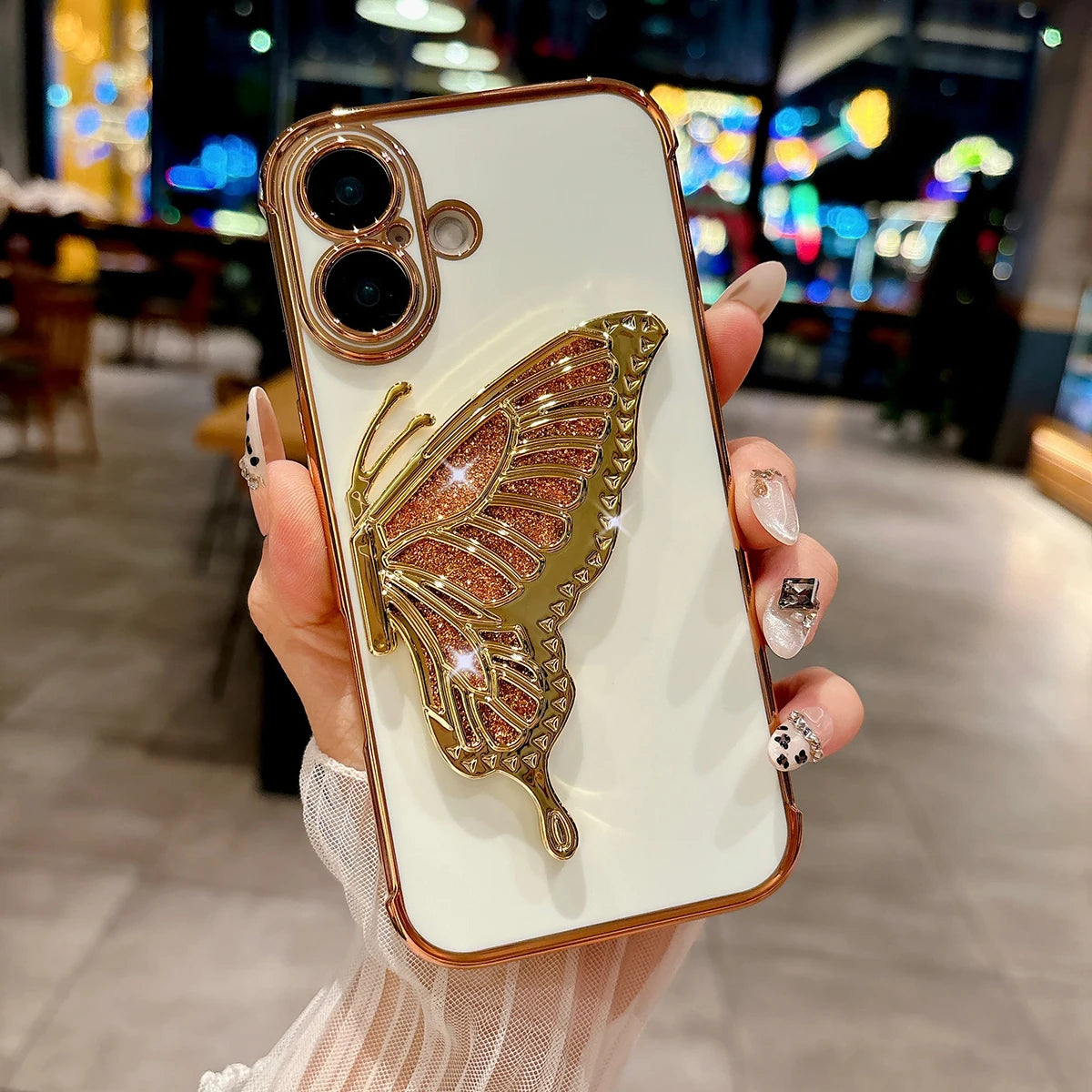 Glitter Butterfly Holder Phone Case for IPhone 7 8 16 15 14 Plus Pro MAx 12 13 Mini Side Pattern Drop Resistant PC Plating Case