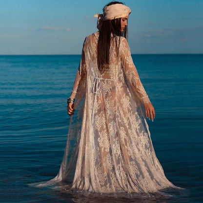 European and American New Perspective Lace Loose Sunscreen Beach Long Cardigans Sexy Vacation Dresses Swimwear Outer Cover Ups