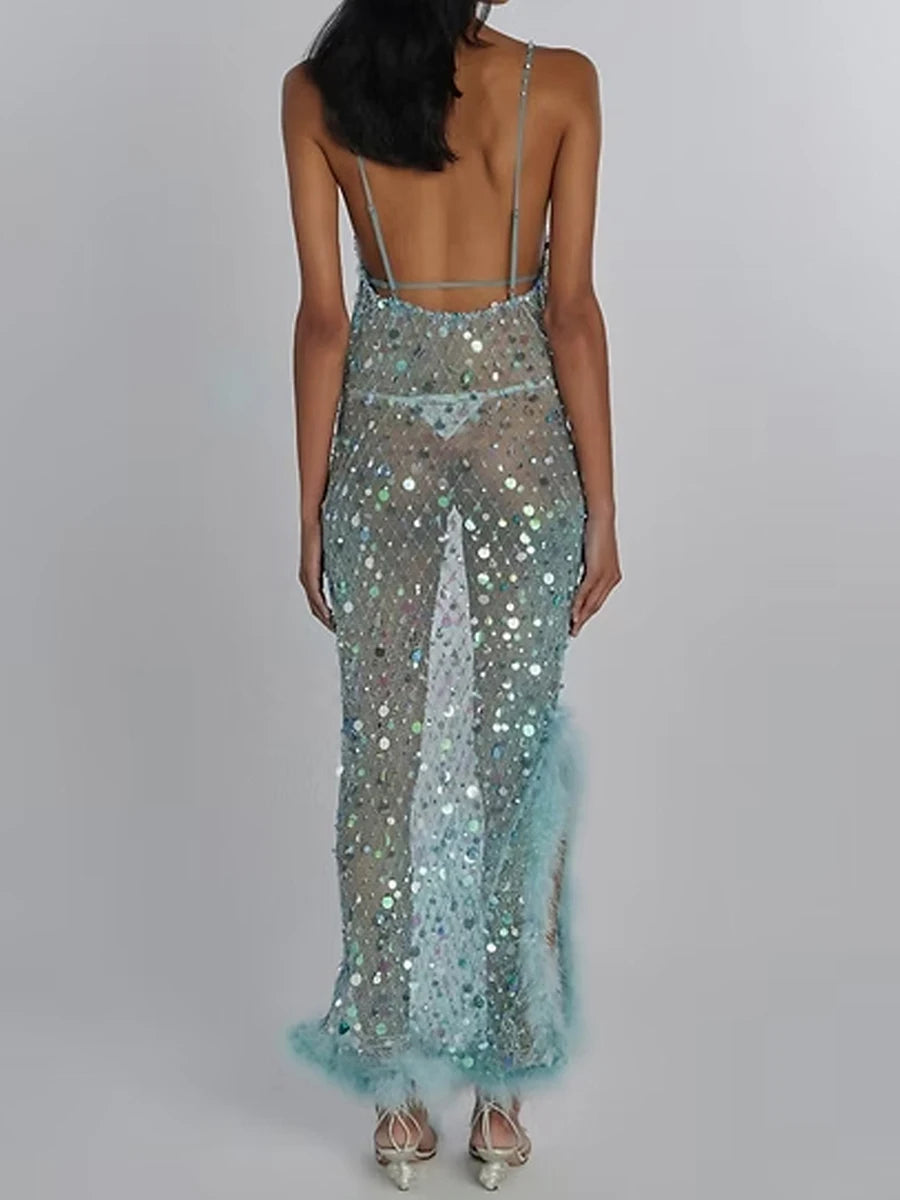New Fashion Women Sheer Dress Spaghetti Straps Backless Sequins See-through Slit Dress Summer Long Dress Club Street Style S M L