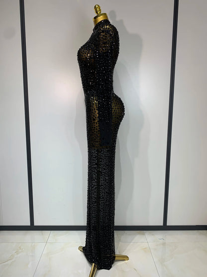 Sparkly Luxury Rhinstones Long Sleeve Elegant Party Dress Women 2025 Performance Stage Outfit Evening Birthday Prom Gown