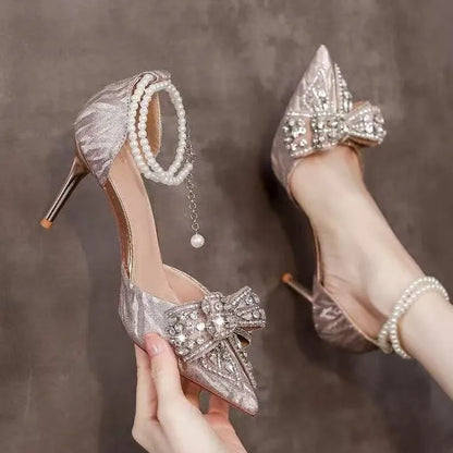 Crystal high-end feel, water diamond bow one-button high heels, women's pointed toe thin heels, silver wedding shoes