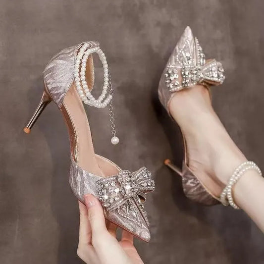 Crystal high-end feel, water diamond bow one-button high heels, women's pointed toe thin heels, silver wedding shoes
