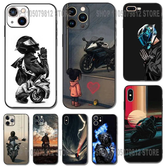 Motorcycle Rider Phone Case For iPhone 17 16,15,14,13,12,11,Pro,XS,Max,XR,Plus,Mini Soft Silicone Black Shockproof