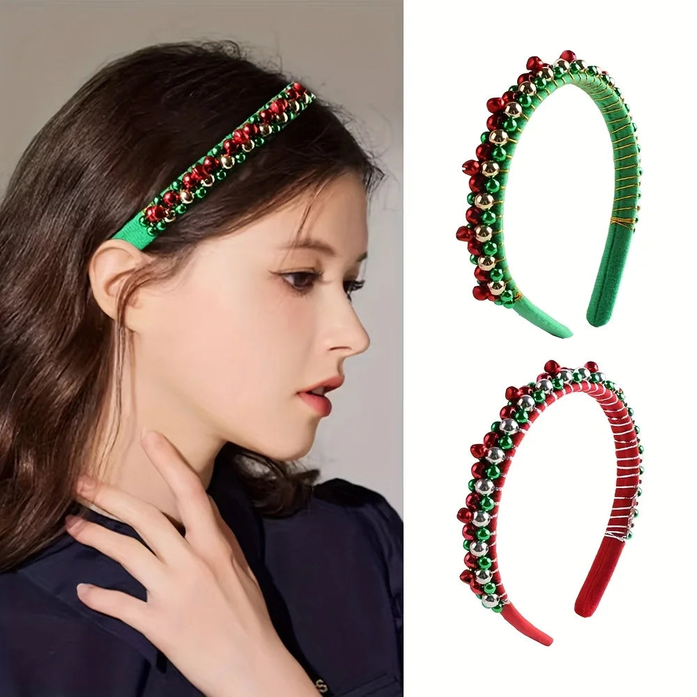 Festive Christmas Headband with Red & Green Beads,Golden Accents & Bell Charms -Wrapped Party Accessory for Holiday Celebrations