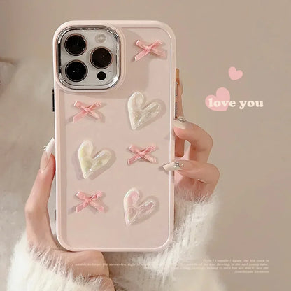 3D Pink Love Heart Bow Phone Case for IPhone17 16 15 14 12 13 11 Pro ProMax Mini Plus X XR Shockproof Phone Cover