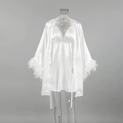 Wedding Bride Robe Morning Gown Elegant Feather Female Kimono Bathrobe Gown Sexy Rayon Summer New Sleepwear Nightwear Lingerie