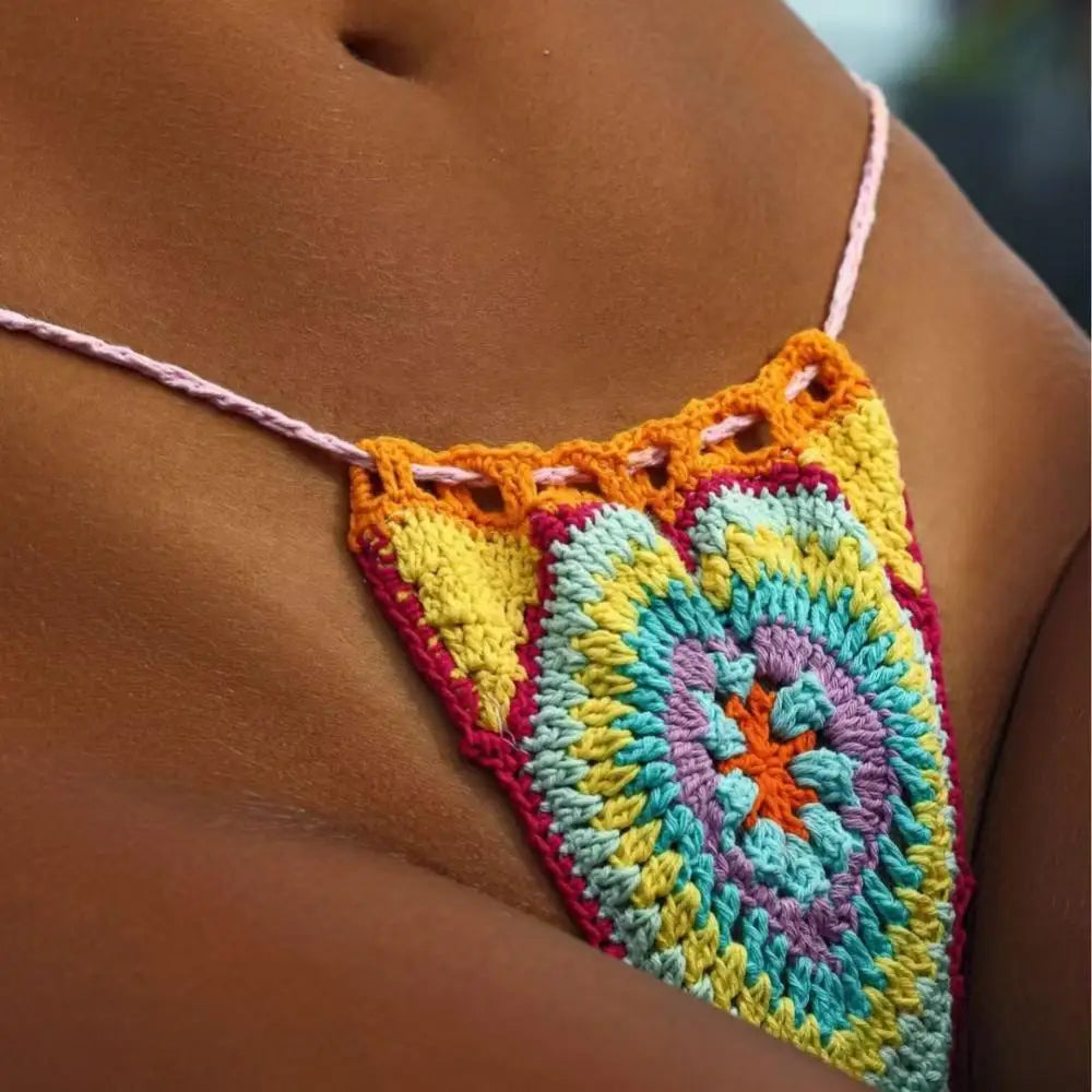 Bohemia Style Women Crochet Swimsuit Sexy Halter Backless Swimwear Mixed Color Lace-up Micro Bikini Set Beachwear String Biquini
