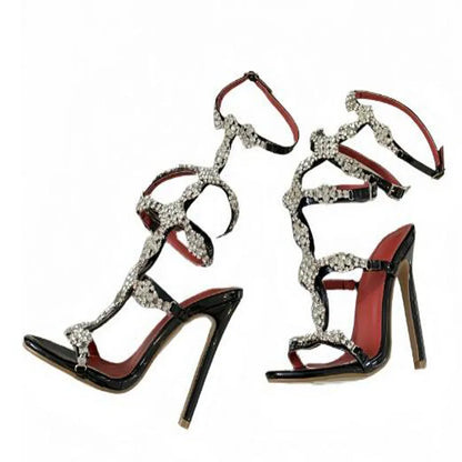 Hot Pink Black Leather Bling Crystal Rhinestone Gladiator Hollow High Heel Summer Sandals Women Banquet Bride Wedding Shoes Lady