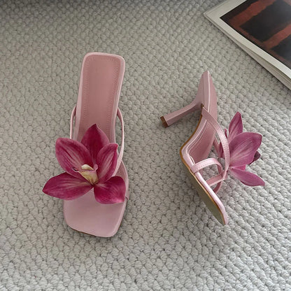 2025 New Fashion Flower Women Thin Heels Pumps Slides Shoes Female Flip flops Square Toe Ladies Heeled Sandals Shoes Big Size 43