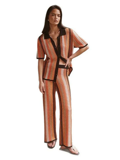 Casual Stripe Knitted Shirt Pants Set Women Hallow Out Half Sleeve Lapel Top Straight High Waist Trousers Fashion Beach Set