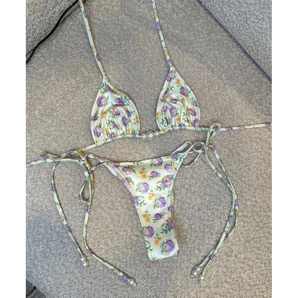 Micro Bikini 2025 Swimwear Women Swimsuit Sexy luxury Brazilian Bikini Set Halter Print Biquini Push Up Pearl Beachwear Female