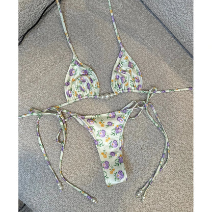 Micro Bikini 2025 Swimwear Women Swimsuit Sexy luxury Brazilian Bikini Set Halter Print Biquini Push Up Pearl Beachwear Female