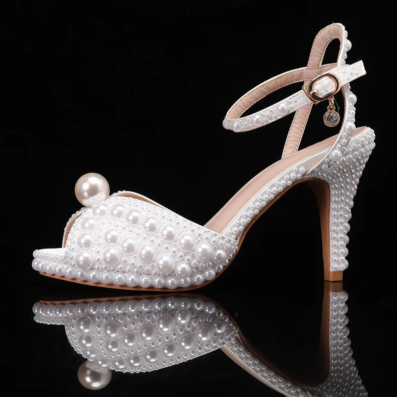 Luxury All Pearls Rhinestones Peep toe Women Sandals Fashion Ankle Strap Platform Thin High heels Elegant Bridal Wedding Shoes