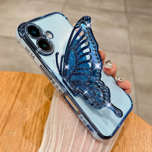 Glitter Butterfly Holder Phone Case for IPhone 7 8 16 15 14 Plus Pro MAx 12 13 Mini Side Pattern Drop Resistant PC Plating Case.