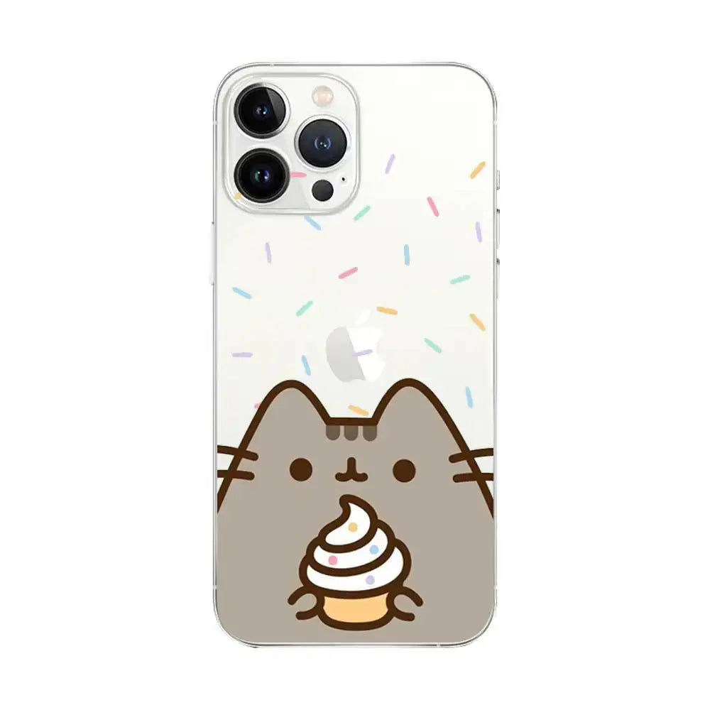 Cute Cartoon Cat P-Pusheens Phone Case Transparent For IPhone 16 15 11 13pro Max 14Plus X Xr Xs Max 12mini - Clear Cover