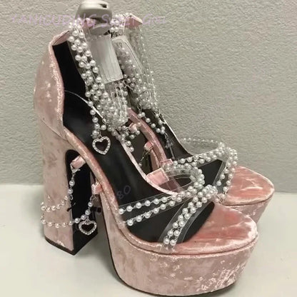 Taro Purple Suede Crystal Tassel Sandals Girls Cute Platform Open Heels Pink Round Toe Chunky Pearl String Ankle Lolita Shoes