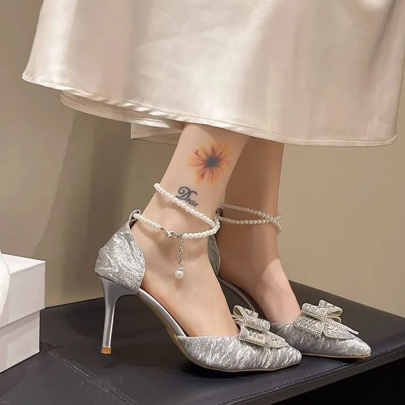 Temperament Bow High Heels Women Summer New Pointed Toe Shallow Mouth Rhinestone Bow Beaded Non-slip Stiletto Sandals