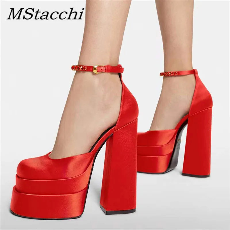 Luxury Brand Women High Heesl Sandals Sexy Thick Heel Platform Shoes Square Toe Rhinestone Woman's Pumps Party Wedding Shoes new