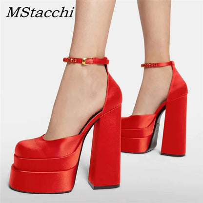 Luxury Brand Women High Heesl Sandals Sexy Thick Heel Platform Shoes Square Toe Rhinestone Woman's Pumps Party Wedding Shoes new