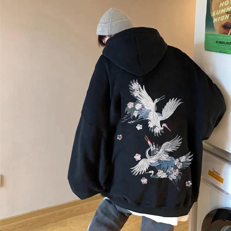 Autumn New Anime Crane Printed Pullover Hoodies For Men Hip Hop Fashion Graphic Hooded Sweatshirts Aesthetic Y2K Hoodie Clothes