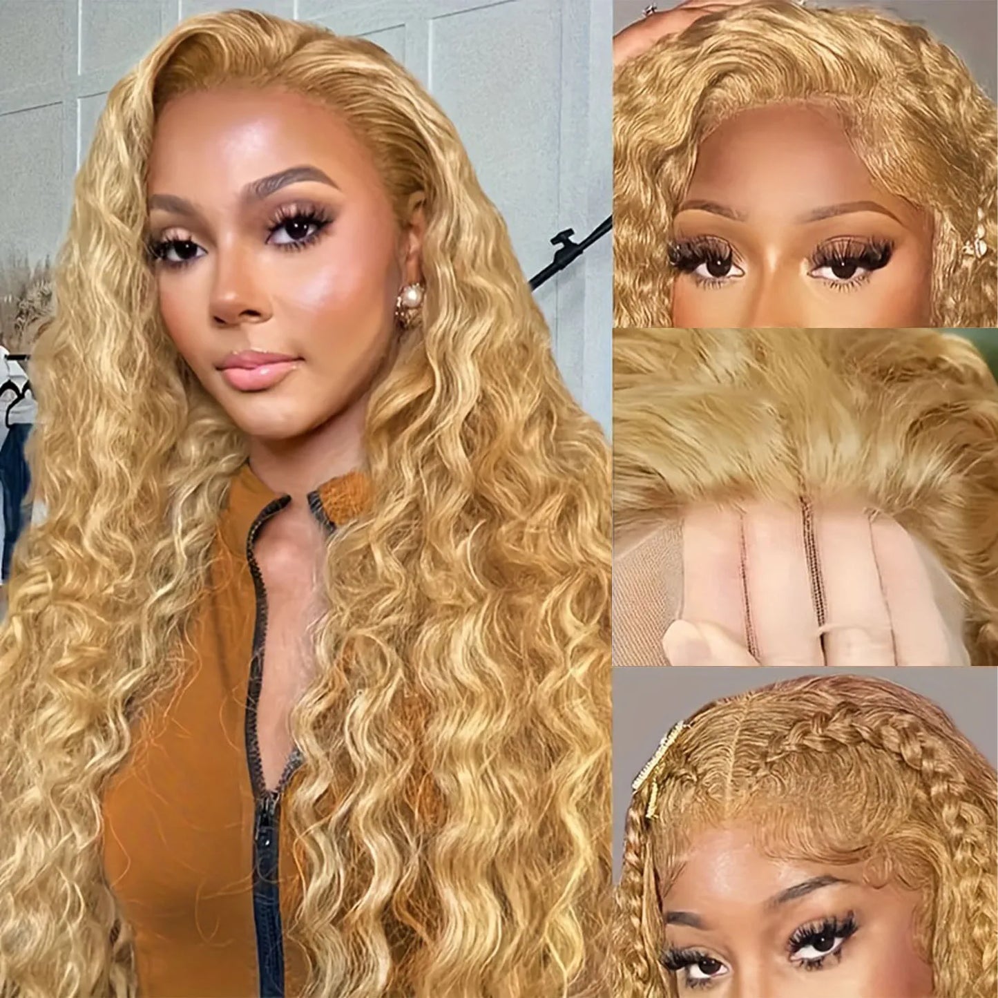 38 Inch 13x6 HD Transparent Lace Front Wig Human Hair Deep Wave Pre Plucked 200% Density Honey Blonde Human Hair Wig For Women