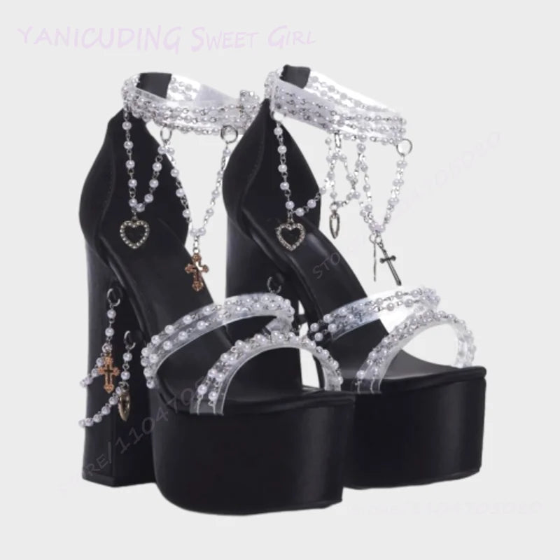 Taro Purple Suede Crystal Tassel Sandals Girls Cute Platform Open Heels Pink Round Toe Chunky Pearl String Ankle Lolita Shoes